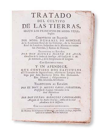 AGRICULTURE.  Duhamel Du Monceau, Henri-Louis. Tratado del Cultivo de las Tierras, según los Principios de Mons. Tull, Inglés.  1751